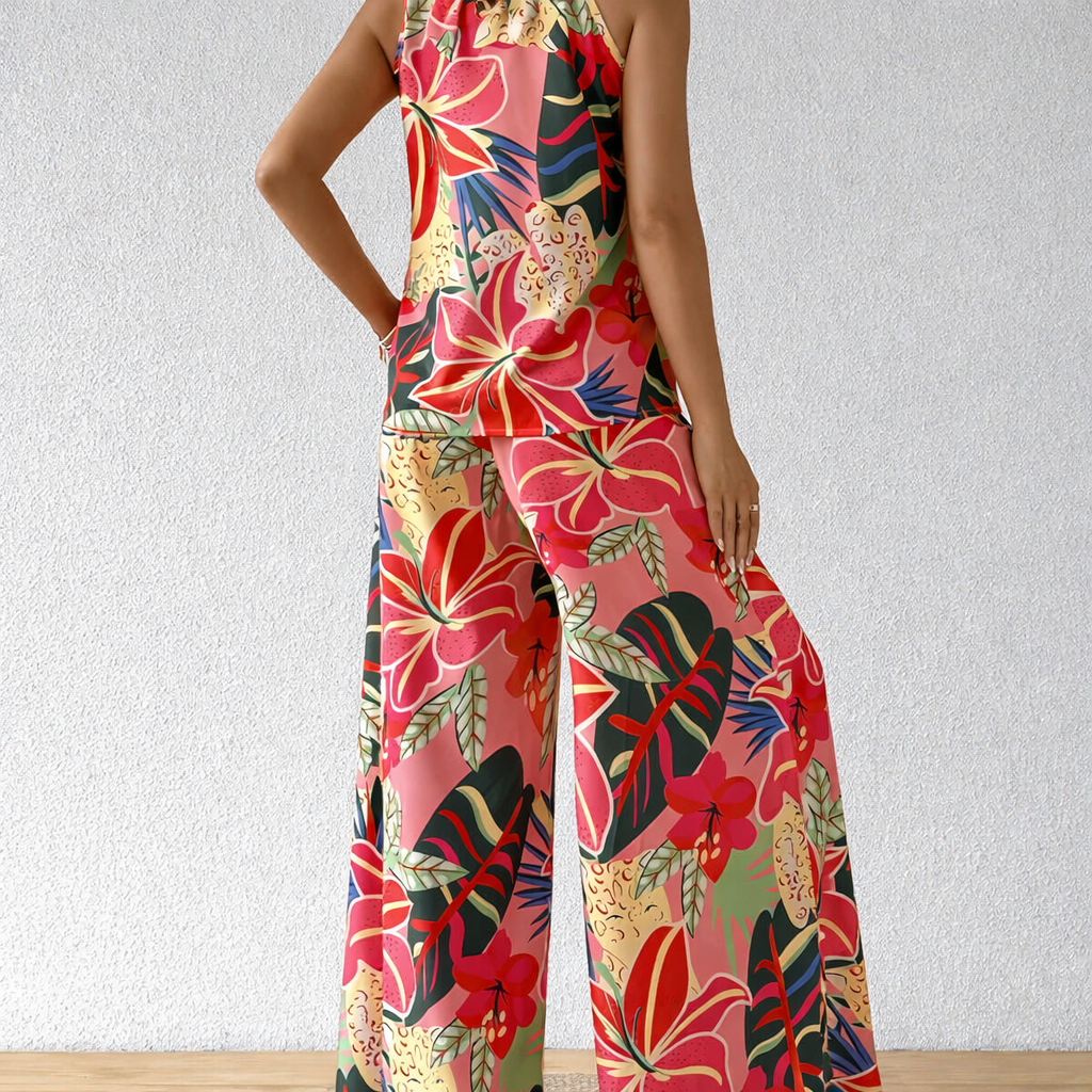 Floral Printed Halter Off-Shoulder Top and Loose Pants Two-Piece Set
