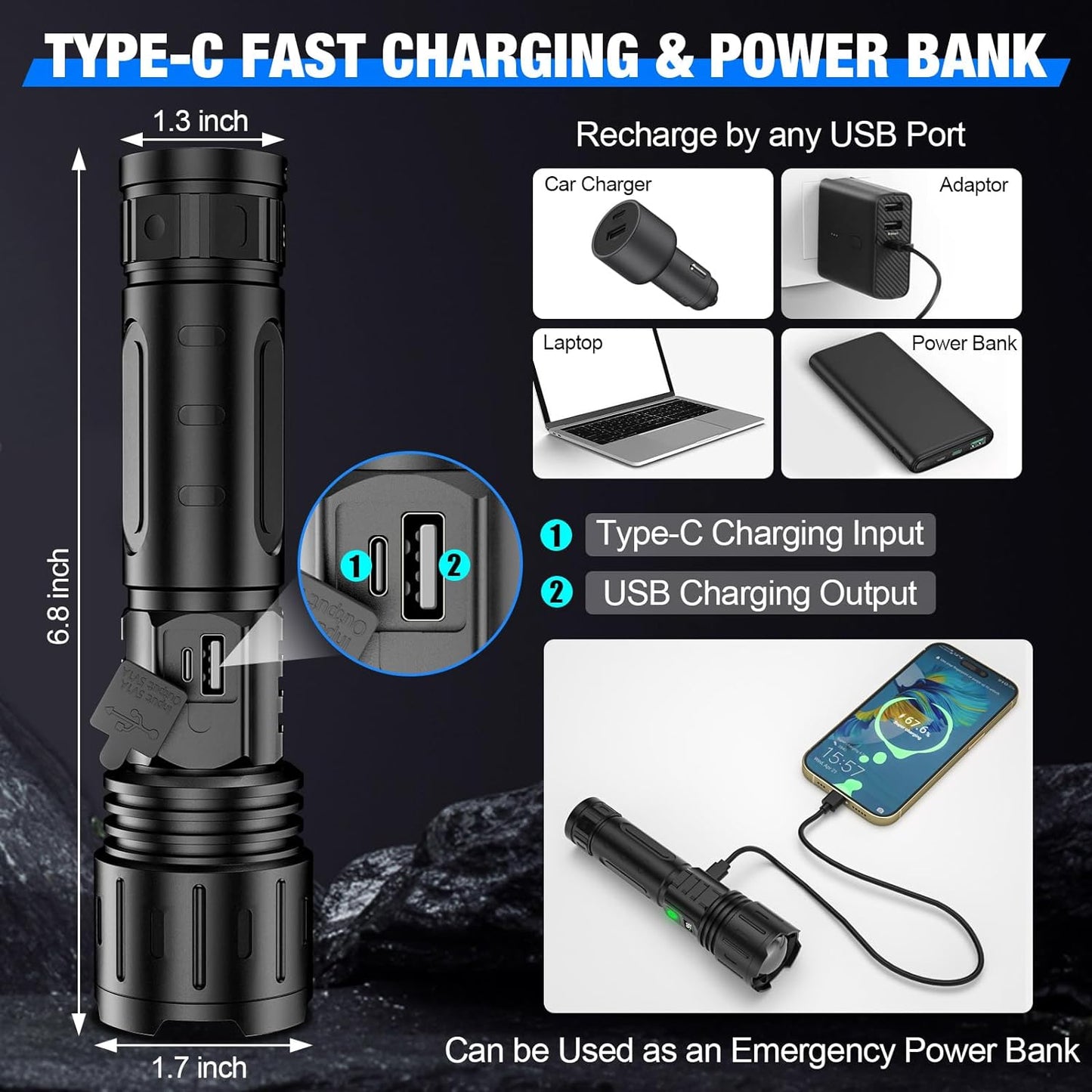 LUMINA TORCH - High-Output Tactical Flashlight with Rechargeable Battery & Power Bank Function 6