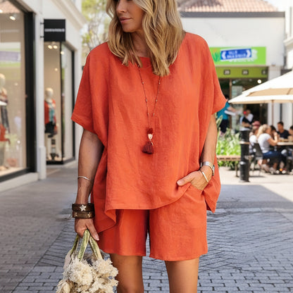 Solid Color Linen Button Top Shorts Set