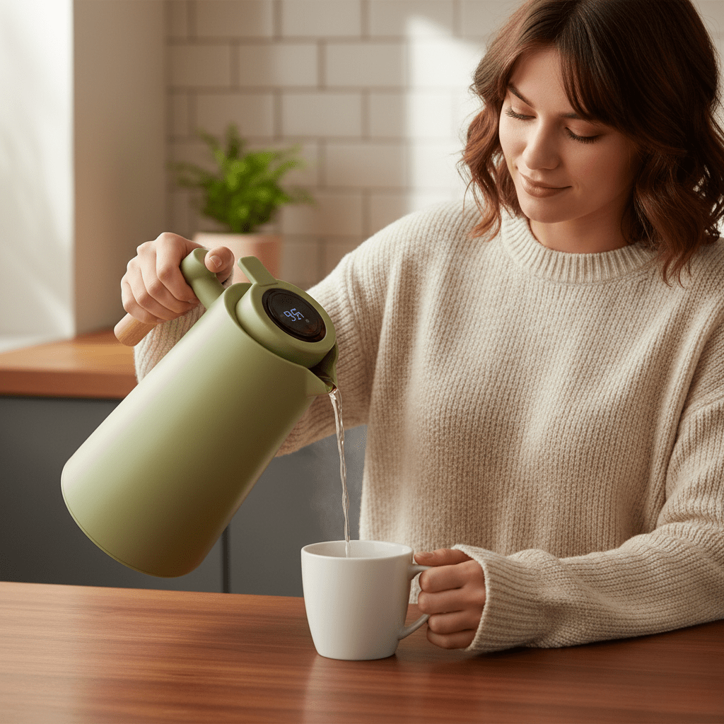 PURETHERMO – Double-Wall Thermal Carafe with Temperature Display and Wooden Handle