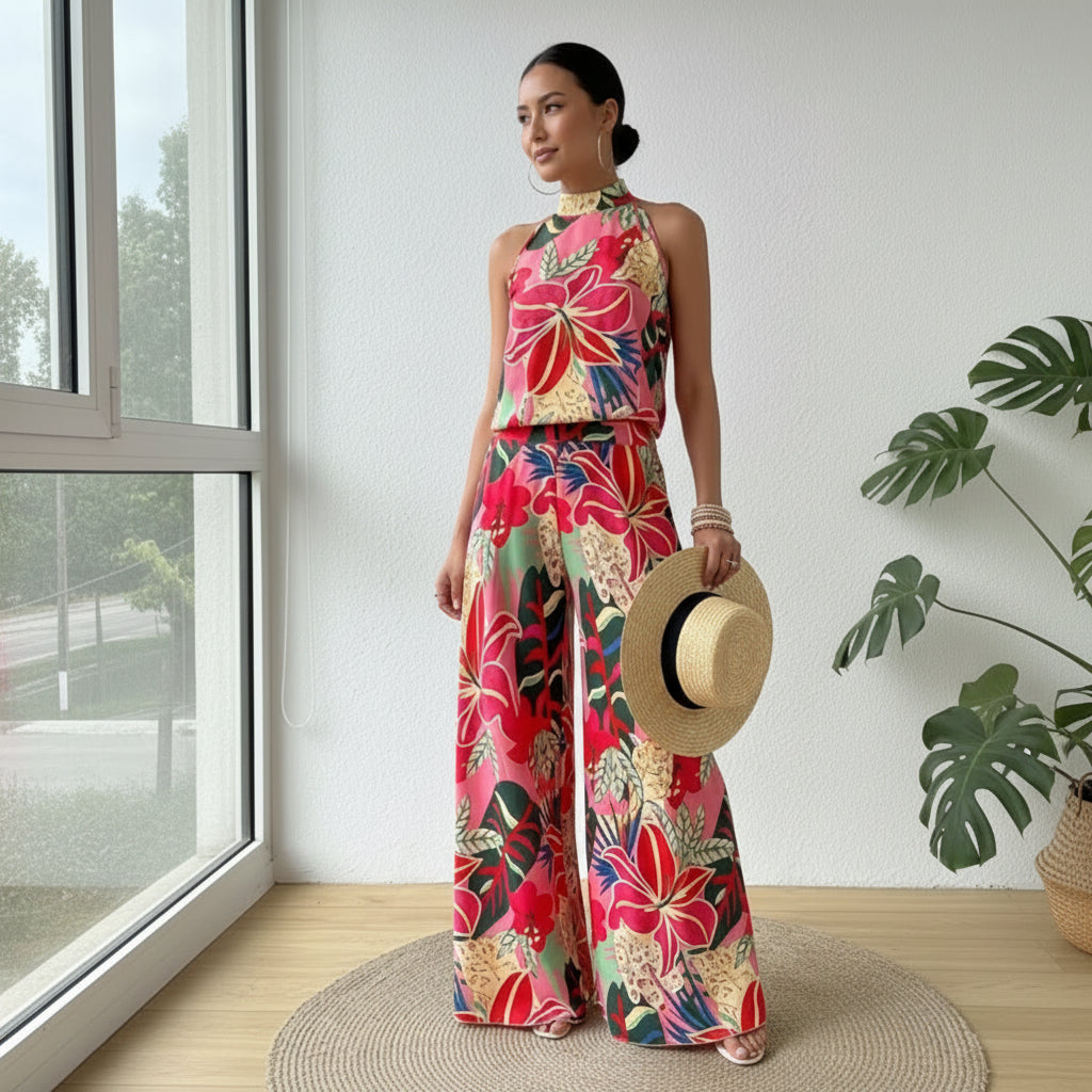 Floral Printed Halter Off-Shoulder Top and Loose Pants Two-Piece Set
