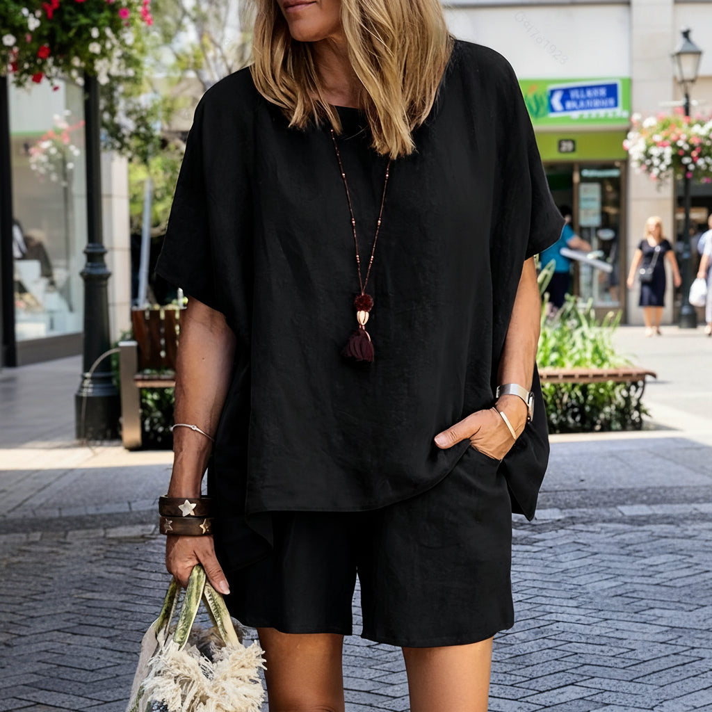 Solid Color Linen Button Top Shorts Set