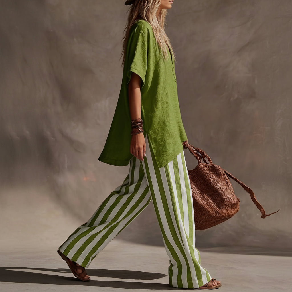 Striped Linen V-Neck Top Pants Set