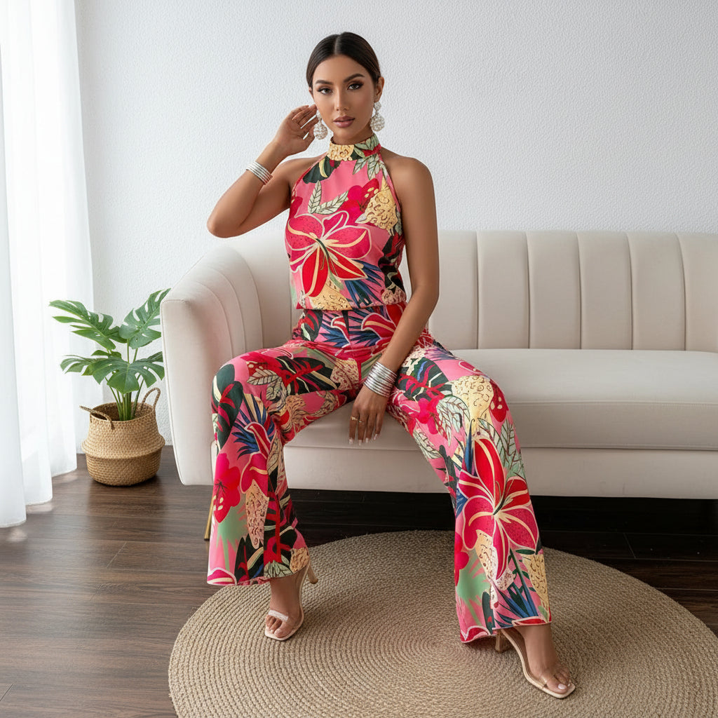 Floral Printed Halter Off-Shoulder Top and Loose Pants Two-Piece Set