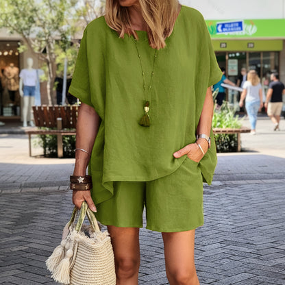 Solid Color Linen Button Top Shorts Set