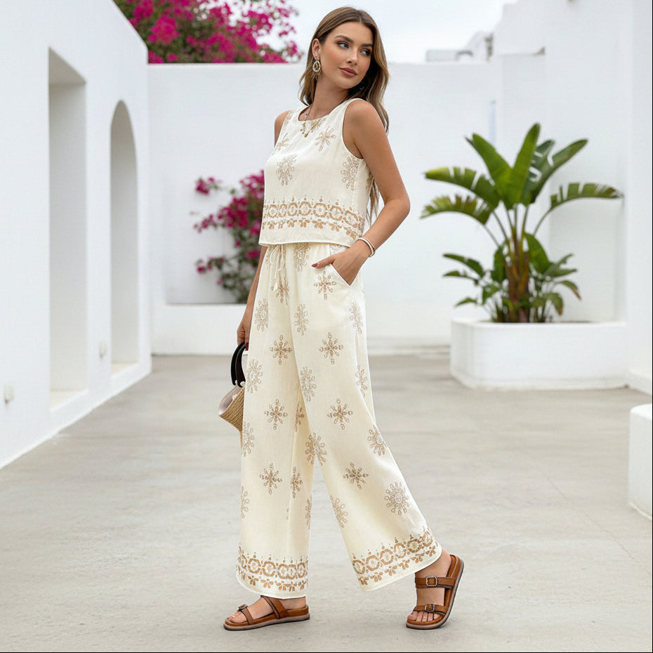Geometric Print Sleeveless Top and Wide-Leg Lounge Pants Set