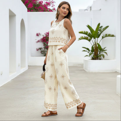 Geometric Print Sleeveless Top and Wide-Leg Lounge Pants Set