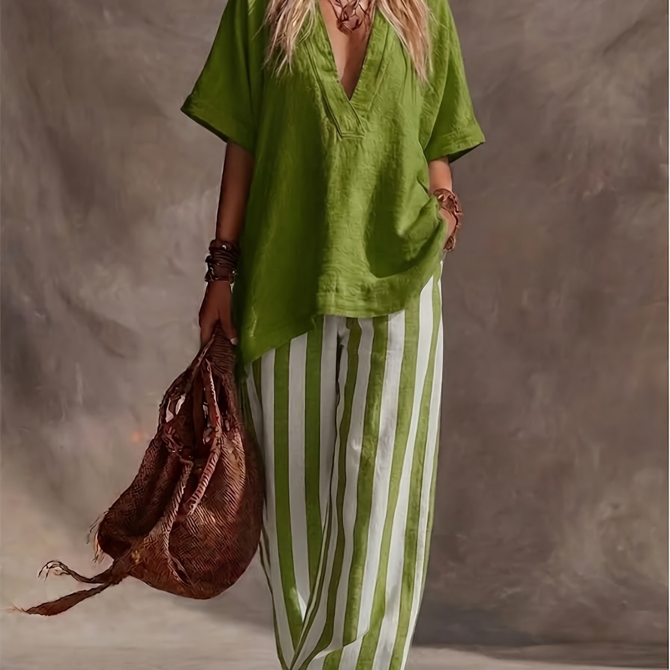 Striped Linen V-Neck Top Pants Set