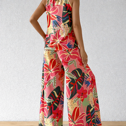 Floral Printed Halter Off-Shoulder Top and Loose Pants Two-Piece Set