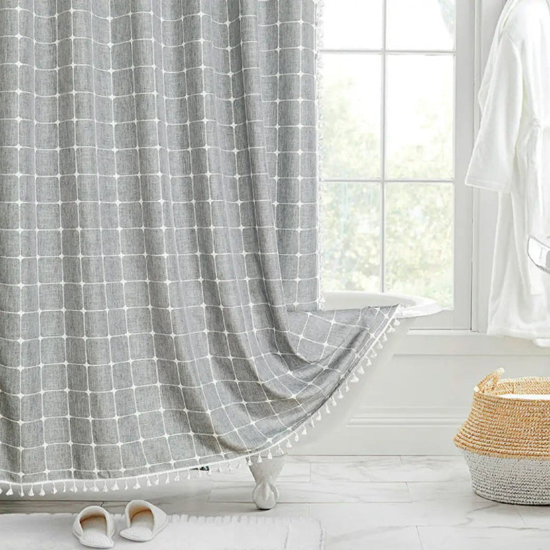 Linen Shower Curtain with Tassels - Waterproof 360° Coverage for Stylish Bathrooms 1