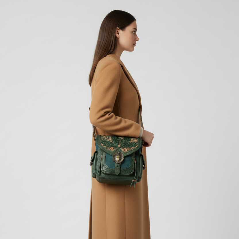 Retro Embroidered Leather Messenger Bag