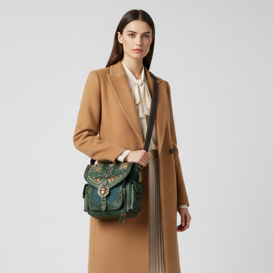 Retro Embroidered Leather Messenger Bag