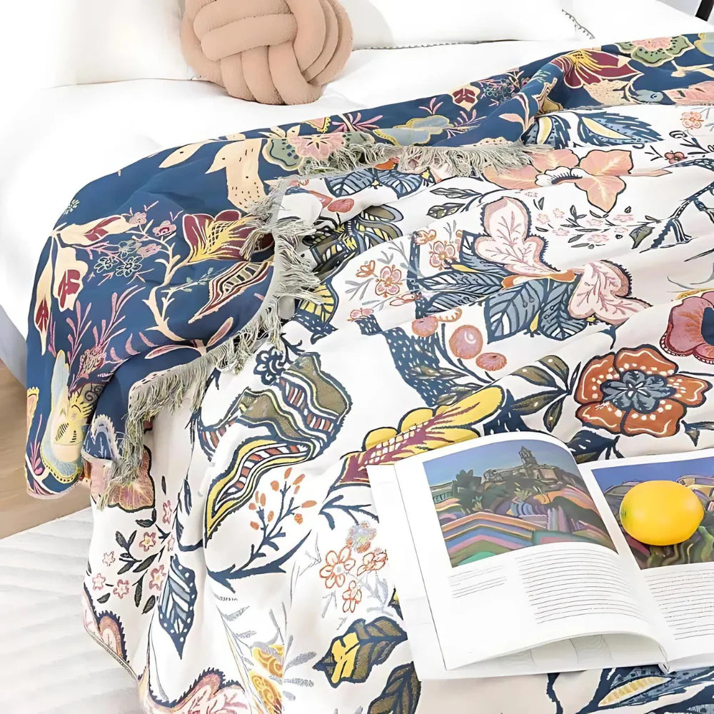 Floravista Reversible Cotton Throw Blanket - Soft Floral Design for Cozy Living