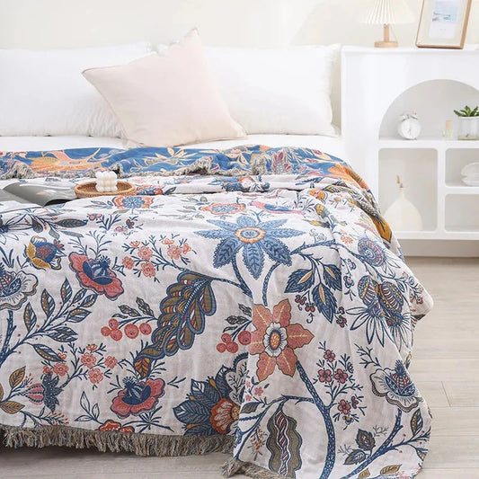 Floravista Reversible Cotton Throw Blanket - Soft Floral Design for Cozy Living