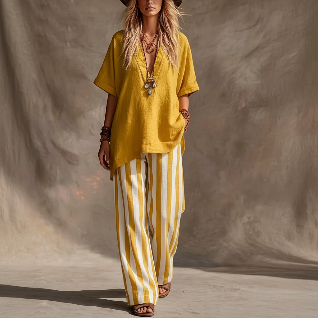 Striped Linen V-Neck Top Pants Set