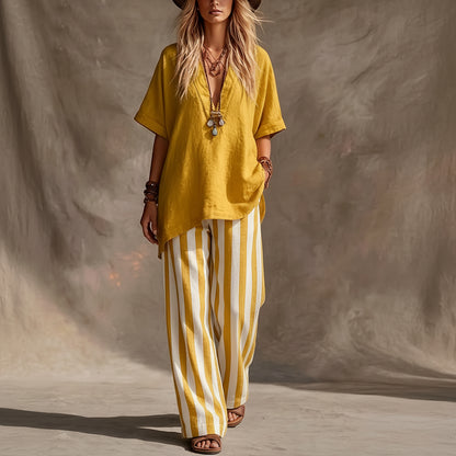 Striped Linen V-Neck Top Pants Set