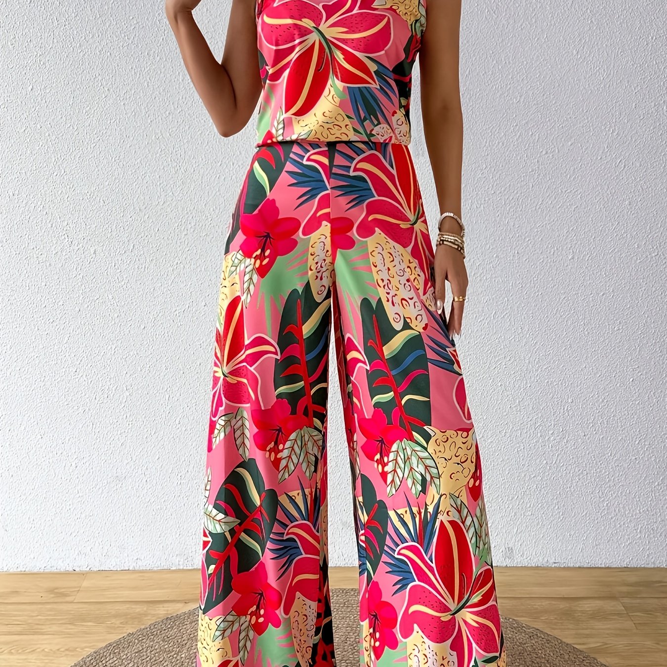 Floral Printed Halter Off-Shoulder Top and Loose Pants Two-Piece Set