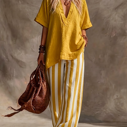 Striped Linen V-Neck Top Pants Set