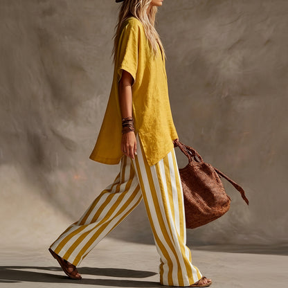 Striped Linen V-Neck Top Pants Set