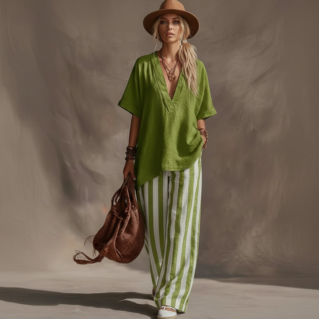 Striped Linen V-Neck Top Pants Set