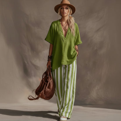 Striped Linen V-Neck Top Pants Set